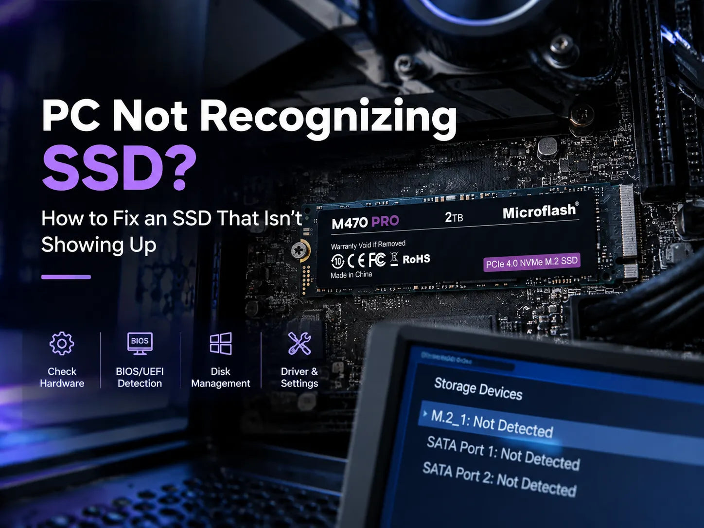 Microflash M470 PRO 2TB NVMe SSD installed on a desktop PC motherboard