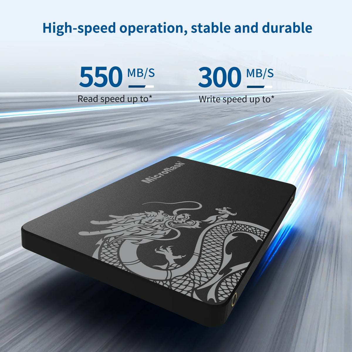 Microflash™ S580 PRO 2.5 inch SATA SSD highlighting high-speed operation with up to 550MB/s read and 300MB/s write speeds.